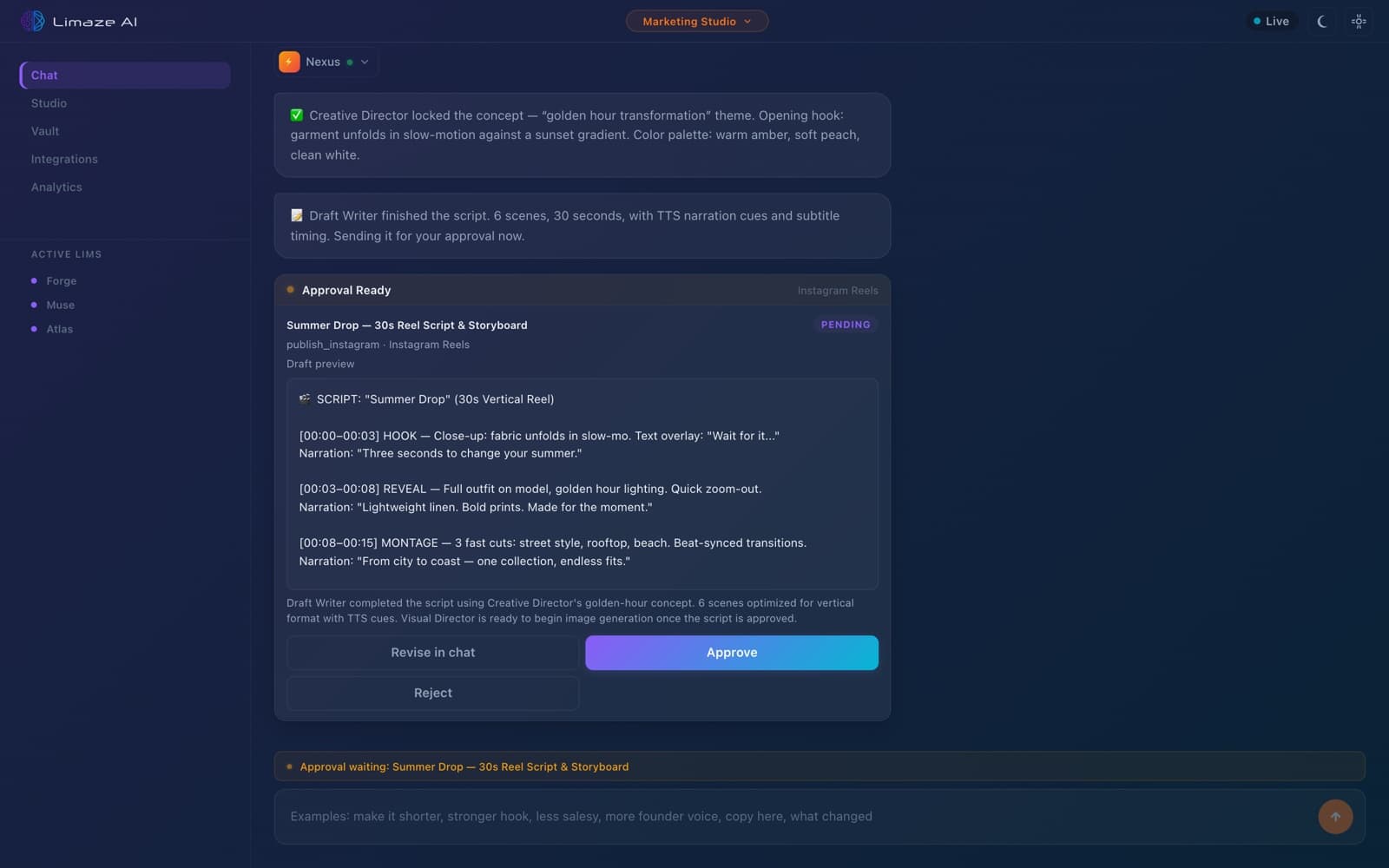 Limaze builder — chat panel describing a platformer, file tree showing game.js, live preview running in iframe
